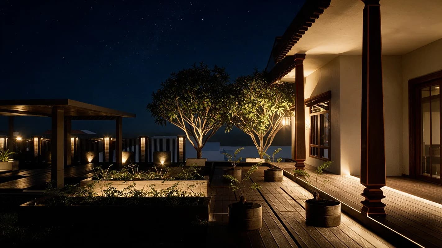 Courtyard garden illuminated at night